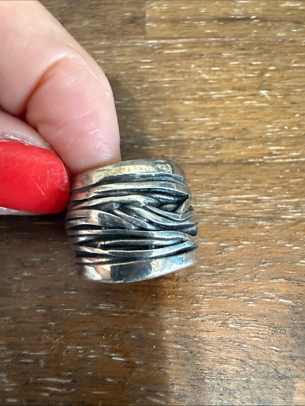 Artisan Silver-Tone Textured Wide Band Ring with Black Accents